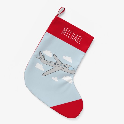 ボーイズかわいい青い飛行機旅行デザインと名前 スモールクリスマスストッキング (正面 (吊り時))
