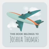 ボーイズかわいい飛行機旅行キッズスクール蔵書票 スクエアシール (正面)