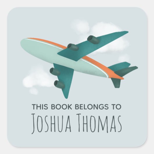 ボーイズかわいい飛行機旅行キッズスクール蔵書票 スクエアシール (正面)