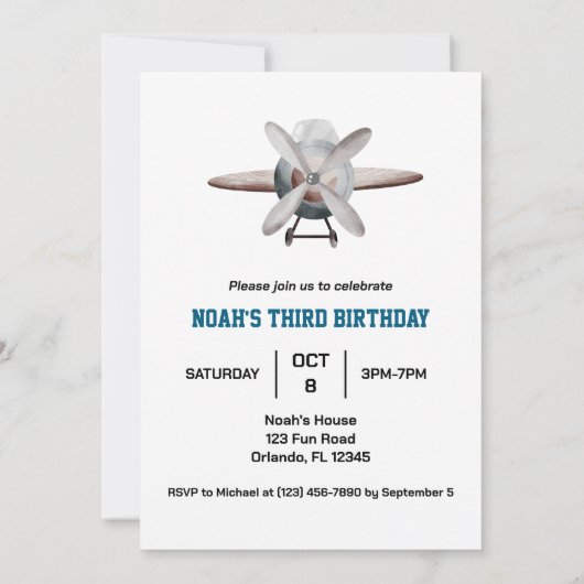 ボーイズかわいい飛行機旅行子供の誕生日水色 招待状 (裏面)