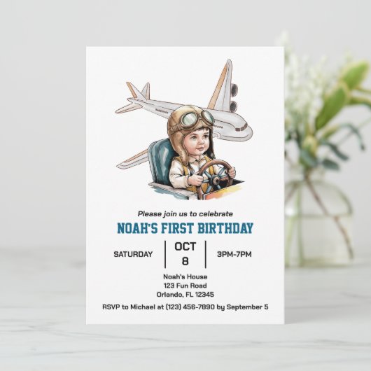 ボーイズかわいい飛行機旅行子供の誕生日水色 招待状 (スタンド正面)