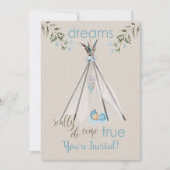 ボーイズのためのブルーベビーシャワーBoho DreamCatcher Tipi 招待状 (正面)