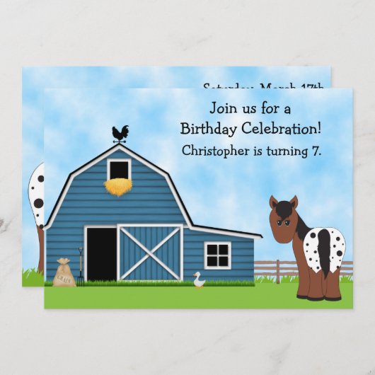 ボーイズの馬と農場の誕生日招待状 招待状 (正面/裏面)