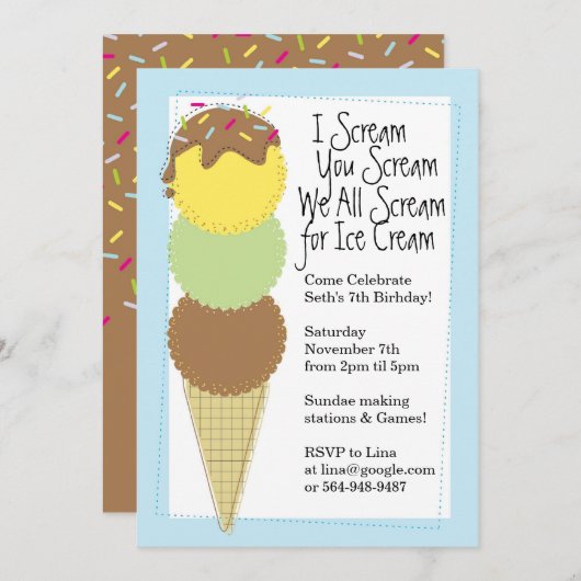 ボーイズアイスクリームパーティの招待状 招待状 (正面/裏面)