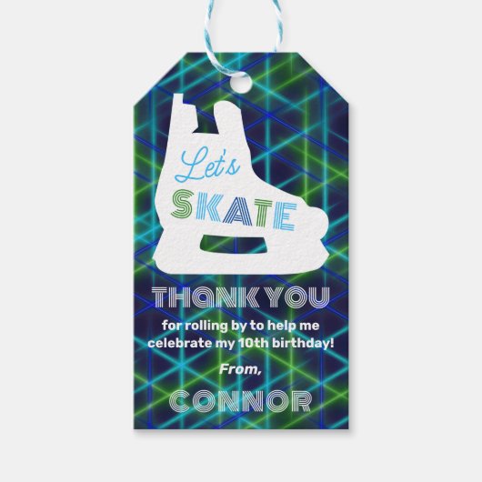 ボーイズアイスホッケースケートで滑る誕生日ネオン ギフトタグ (正面)