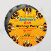 ボーイズイエローディガー3歳誕生日建築パーティー 招待状 (正面/裏面)