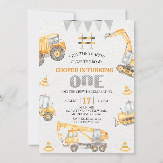 ボーイズイエローバンティング建築1st誕生日 招待状 (正面)