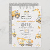 ボーイズイエローバンティング建築1st誕生日 招待状 (正面/裏面)