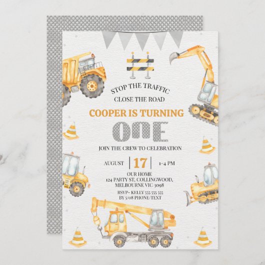 ボーイズイエローバンティング建築1st誕生日 招待状 (正面/裏面)