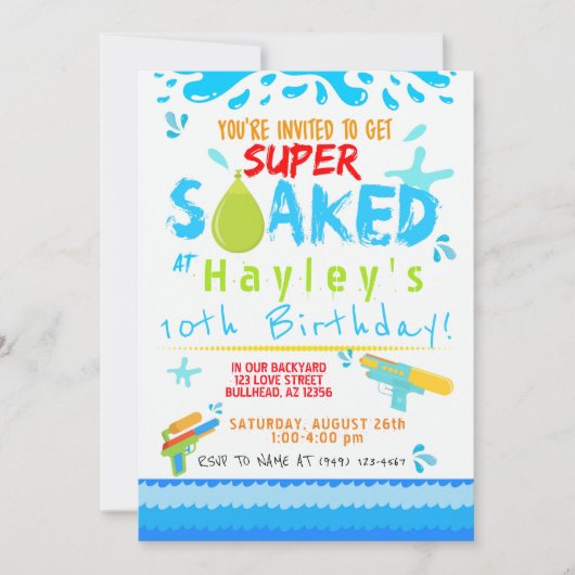 ボーイズウォーターガンウォーターバルーンスイムパーティー誕生日 招待状 (正面)