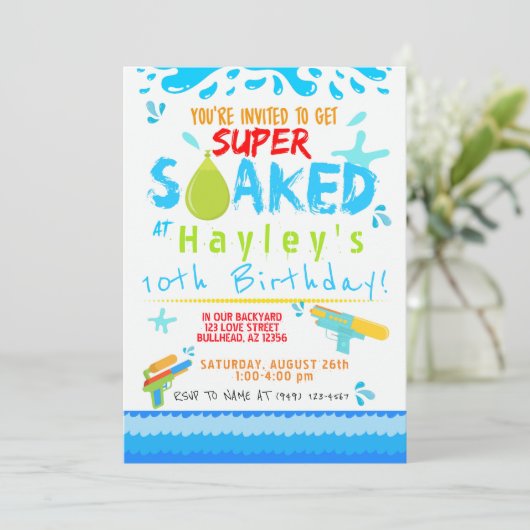 ボーイズウォーターガンウォーターバルーンスイムパーティー誕生日 招待状 (スタンド正面)