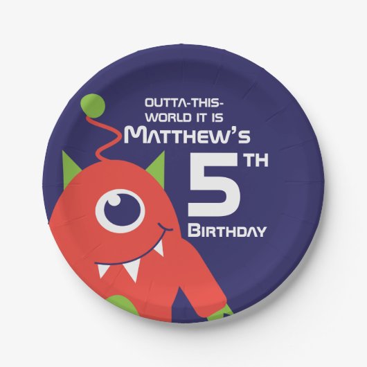 ボーイズエイリアン5歳の誕生日カスタマイズプレート ペーパープレート (正面)