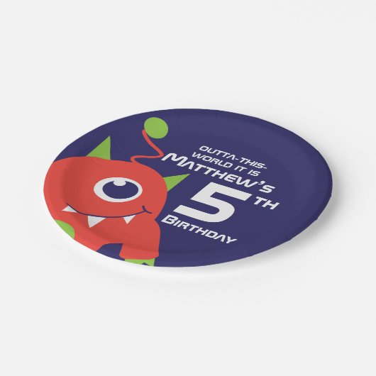 ボーイズエイリアン5歳の誕生日カスタマイズプレート ペーパープレート (アングル)