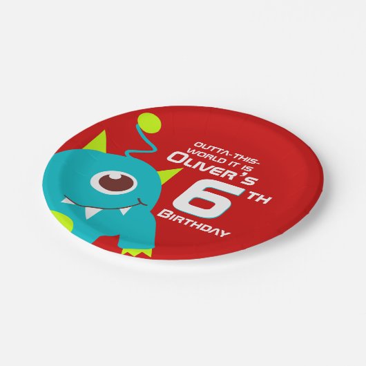 ボーイズエイリアン6歳の誕生日カスタマイズプレート ペーパープレート (アングル)