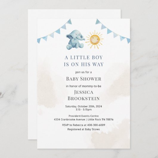 ボーイズエレファントサンシャインウォーターカラーベビーシャワー 招待状 (正面/裏面)