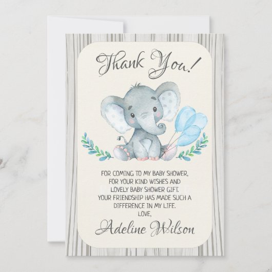 ボーイズエレファントベビーシャワーサンキューカード 招待状 (正面)