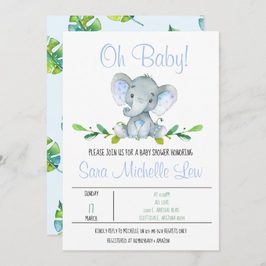 ボーイズエレファント水彩ベビーシャワー招待状 招待状 (正面/裏面)