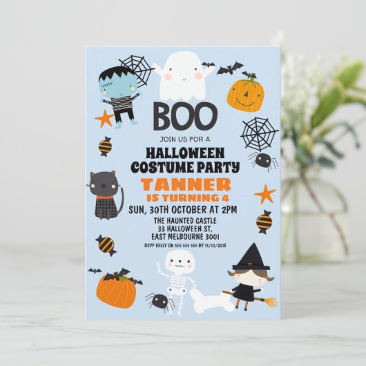 ボーイズオレンジブルーハロウィーン誕生日招待状 招待状 (スタンド正面)