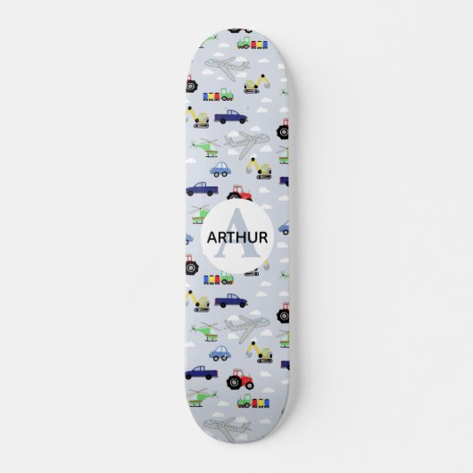 ボーイズカッコいいブルーモダン輸送車のパターン子供 スケートボード (正面)