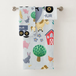 ボーイズカット&ブルーモダンファームトラクターパターンキッズ バスタオルセット