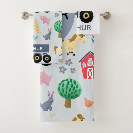 ボーイズカット&ブルーモダンファームトラクターパターンキッズ バスタオルセット (インサイチュ)