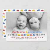 ボーイズカラフルトイストランスポートツインボーイズ写真誕生 案内状 (正面/裏面)