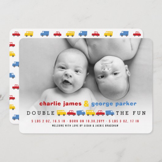 ボーイズカラフルトイストランスポートツインボーイズ写真誕生 案内状