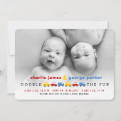 ボーイズカラフルトイストランスポートツインボーイズ写真誕生 案内状 (正面)