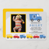 ボーイズカラフルトイズ輸送男の赤ちゃん写真誕生 案内状 (正面/裏面)