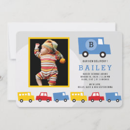 ボーイズカラフルトイズ輸送男の赤ちゃん写真誕生 案内状
