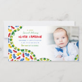 ボーイズカラフルトイズ輸送男の赤ちゃん写真誕生 案内状 (正面)
