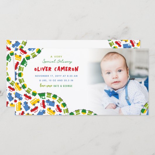 ボーイズカラフルトイズ輸送男の赤ちゃん写真誕生 案内状 (正面/裏面)