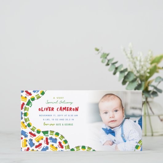 ボーイズカラフルトイズ輸送男の赤ちゃん写真誕生 案内状 (スタンド正面)