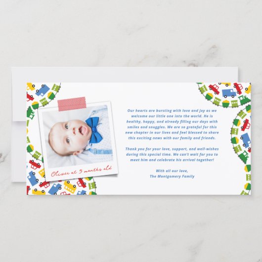 ボーイズカラフルトイズ輸送男の赤ちゃん写真誕生 案内状 (裏面)