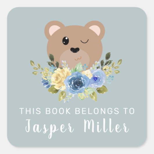 ボーイズカワイトテディベアダスティブルー&ネームキッズ スクエアシール (正面)