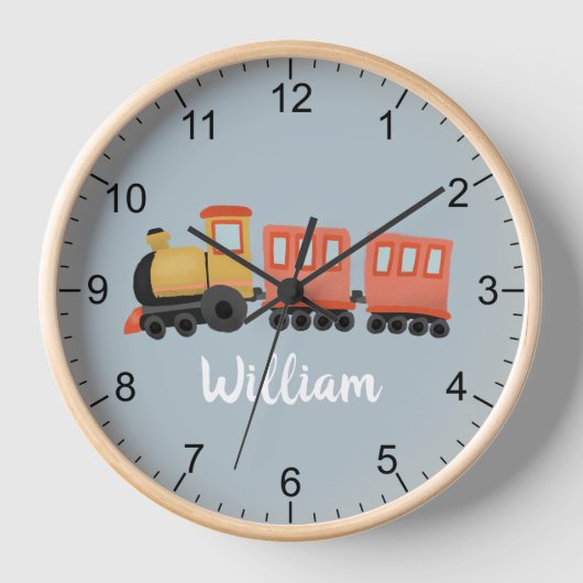 ボーイズカワイブルートレインモダントラベルベビー子供部屋 壁時計 (正面)