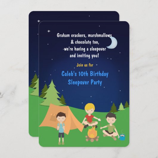 ボーイズキャンピングスリープバーバースデーパーティーの招待 招待状 (正面/裏面)