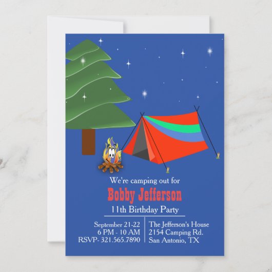 ボーイズキャンプアウトバースデーパーティーの招待 招待状 (正面)