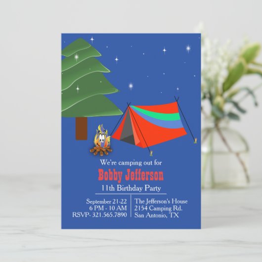 ボーイズキャンプアウトバースデーパーティーの招待 招待状 (スタンド正面)