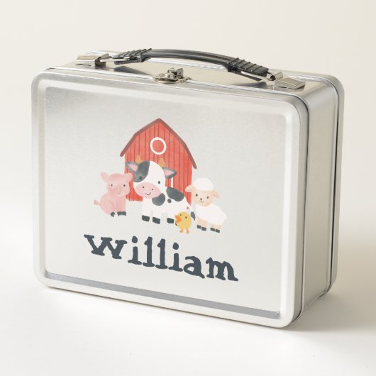 ボーイズキュートファームアニマル納屋周囲の庭幼児 メタルランチボックス (正面)