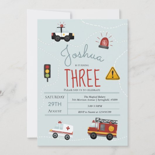 ボーイズキュートブルートランスポート幼児誕生日 招待状 (正面)