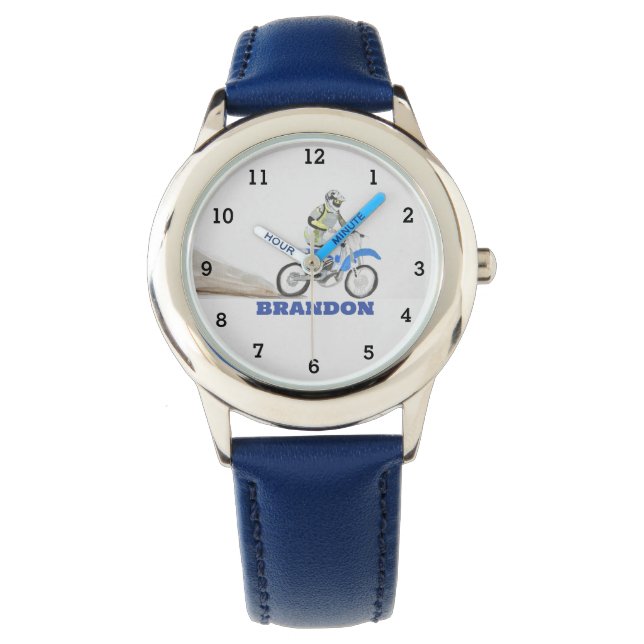 ボーイズクールオートバイブルースタイリッシュ名前をカスタムするキッズ 腕時計 (正面)