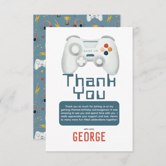 ボーイズクールゲーム子供の誕生日 サンキューカード (正面/裏面)