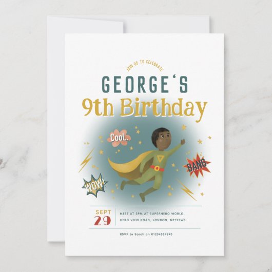 ボーイズクールスーパーヒーロー漫画ブック子供の誕生日 招待状 (正面)