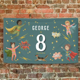 ボーイズクールブルーアクションスーパーヒーロー子供の誕生日 横断幕