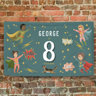 ボーイズクールブルーアクションスーパーヒーロー子供の誕生日 横断幕
