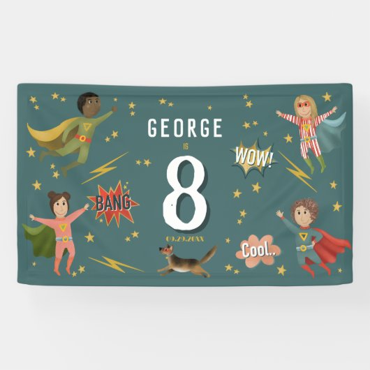 ボーイズクールブルーアクションスーパーヒーロー子供の誕生日 横断幕 (横)