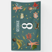 ボーイズクールブルーアクションスーパーヒーロー子供の誕生日 横断幕 (縦)