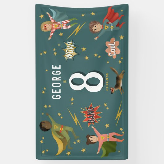 ボーイズクールブルーアクションスーパーヒーロー子供の誕生日 横断幕 (縦)