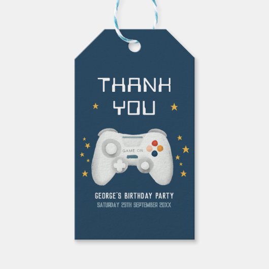 ボーイズクールブルーゲーミングサンキュー子供の誕生日 ギフトタグ (正面)